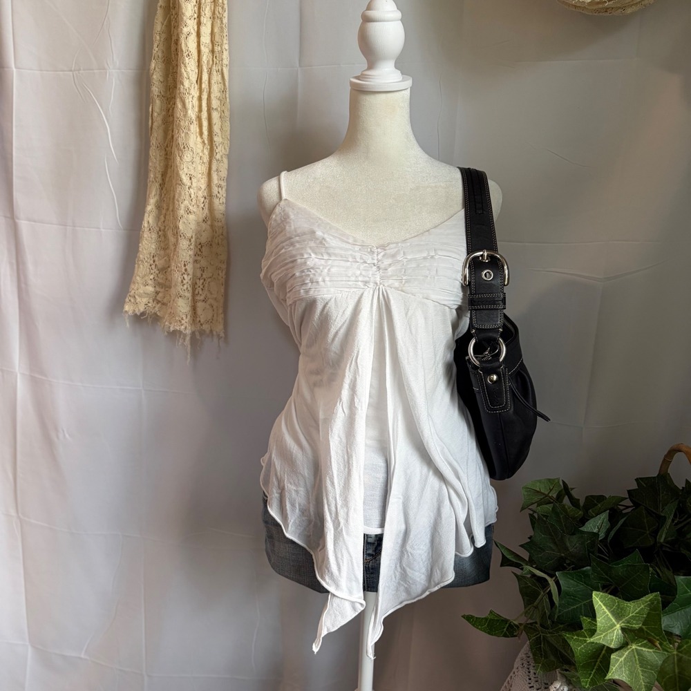 FANG White Pleated Handkerchief Hem Camisole Top XL Y2K Boho